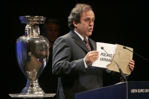 UEFA President Platini awards the Euro 2012 tournament to Poland and Ukraine in Wales