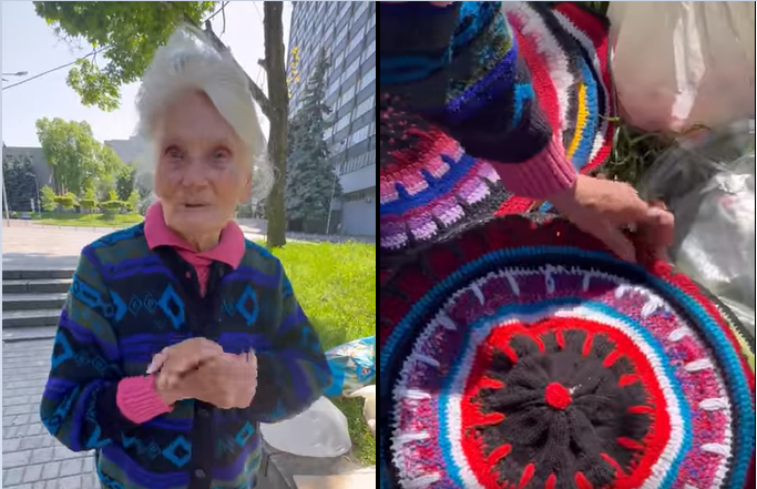 Новости Днепра про У Дніпрі біля парку Шевченка 82-річна бабуся із Бахмута продає кольорові килимки